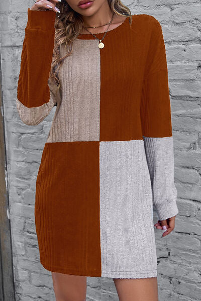 Textured Color Block Round Neck Dress |1mrk.com