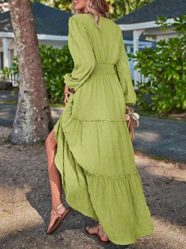 Smocked Waist V-Neck Maxi Dress |1mrk.com