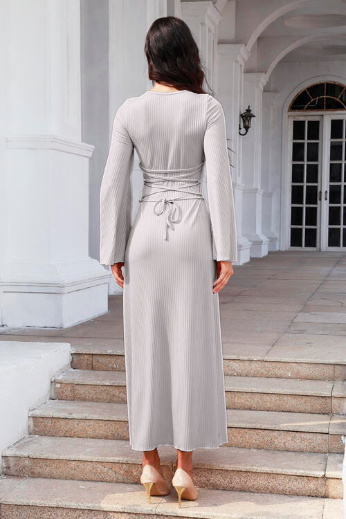 Tie Back Ribbed Round Neck Long Sleeve Dress | 1mrk.com