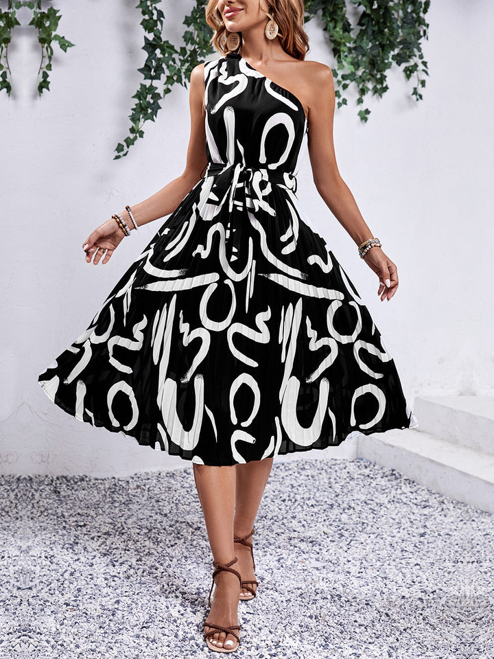 Printed Single Shoulder Tie Waist Dress | Trendsi