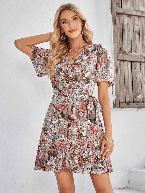 Floral Short Sleeve Ruffle Hem Dress |1mrk.com