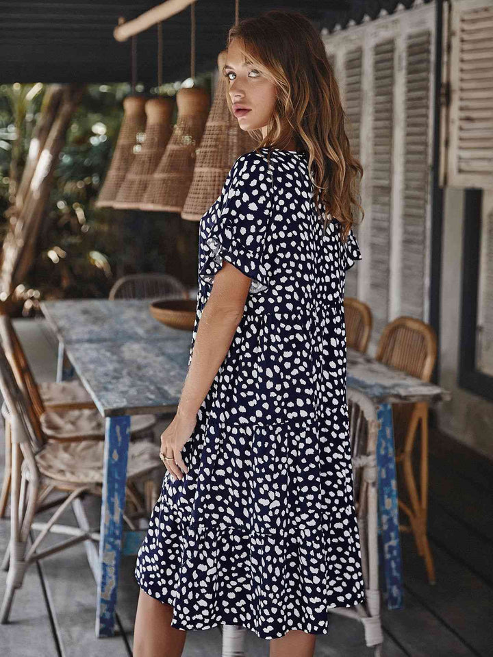 Printed Round Neck Tiered Dress |1mrk.com