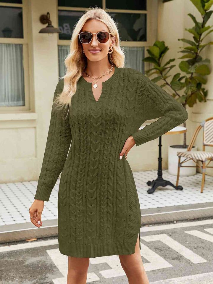 Notched Neck Cable-Knit Slit Sweater Dress | 1mrk.com