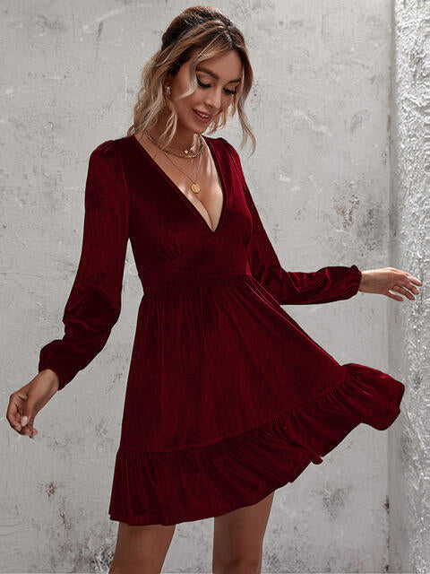 Plunge Long Sleeve Ruffle Hem Dress | 1mrk.com