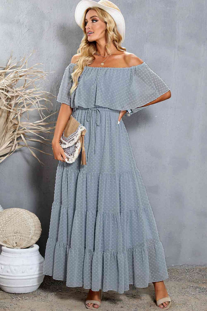 Swiss Dot Off-Shoulder Tiered Maxi Dress |1mrk.com