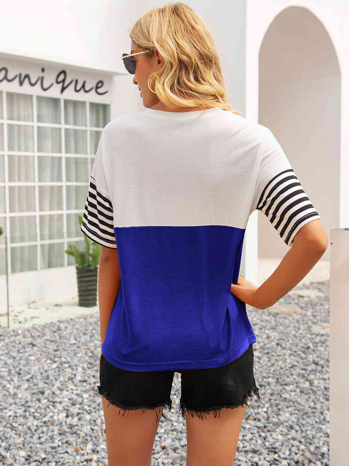 Striped Color Block Round Neck Tee | 1mrk.com