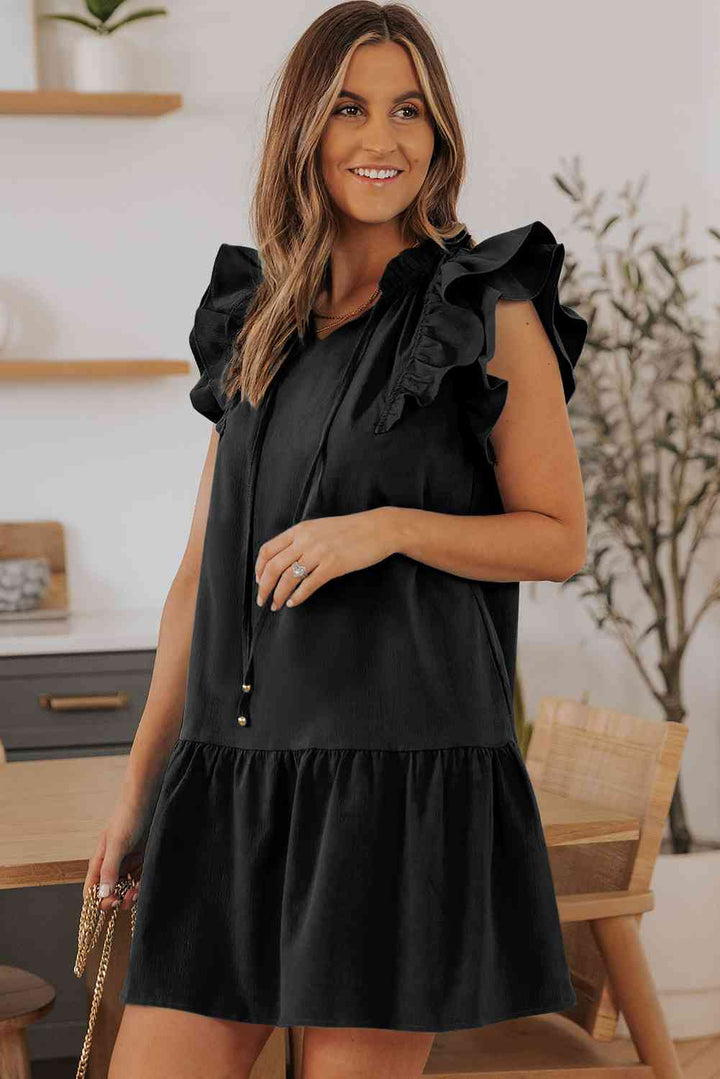 Ruffle Shoulder Tie-Neck Tiered Dress |1mrk.com