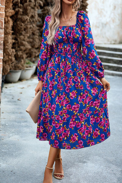 Printed Balloon Sleeve Pocketed Midi Dress |1mrk.com