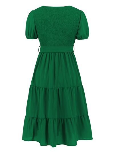 Smocked Tie Front Short Sleeve Tiered Dress |1mrk.com