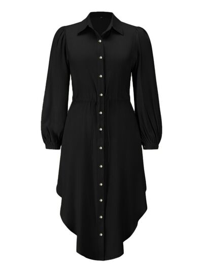 Drawstring Button Up Balloon Sleeve Dress |1mrk.com