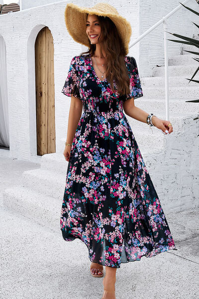 Smocked Floral V-Neck Short Sleeve Dress |1mrk.com