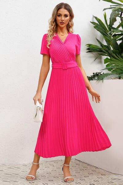 Pleated Surplice Short Sleeve Midi Dress |1mrk.com