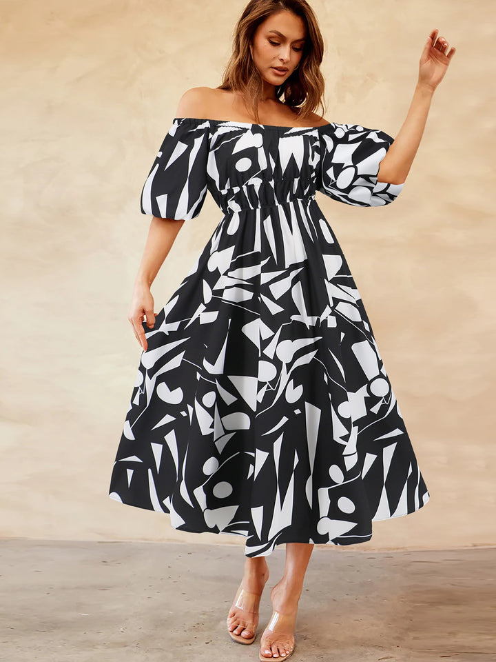 Printed Off-Shoulder Balloon Sleeve Dress | Trendsi