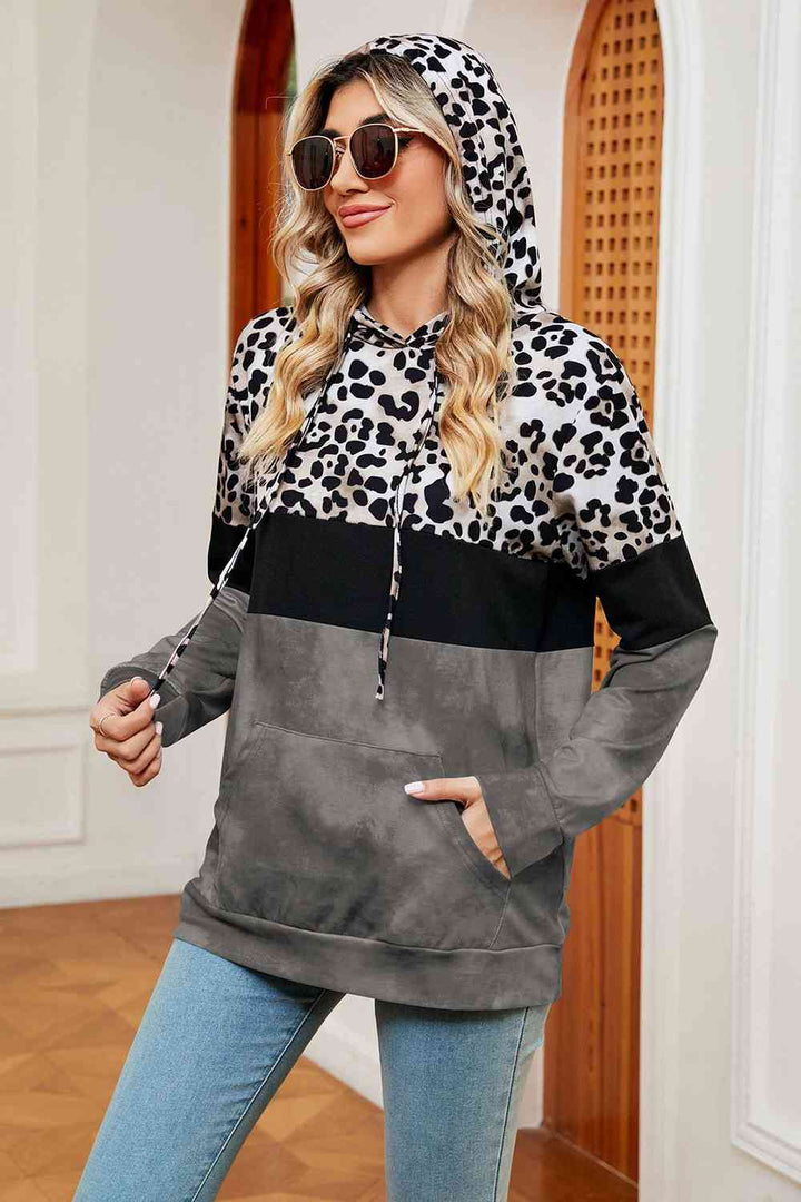 Leopard Drawstring Hoodie with Pocket |1mrk.com