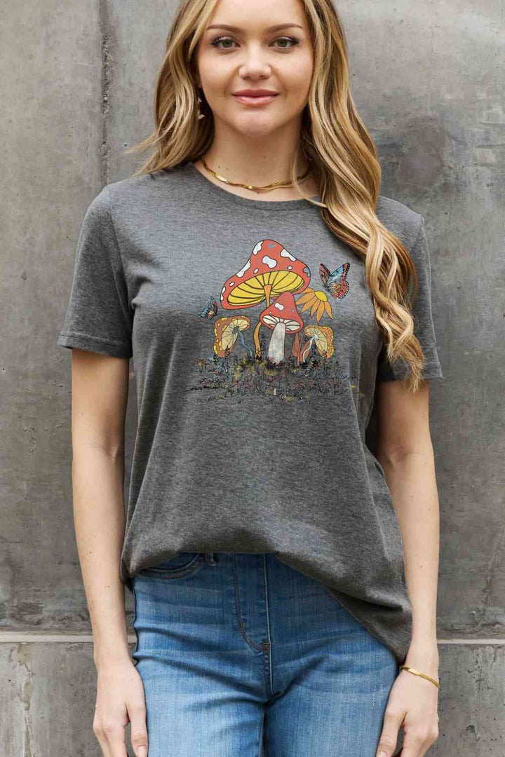 Simply Love Full Size Mushroom & Butterfly Graphic Cotton T-Shirt | 1mrk.com