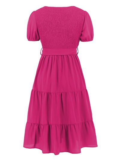 Smocked Tie Front Short Sleeve Tiered Dress |1mrk.com