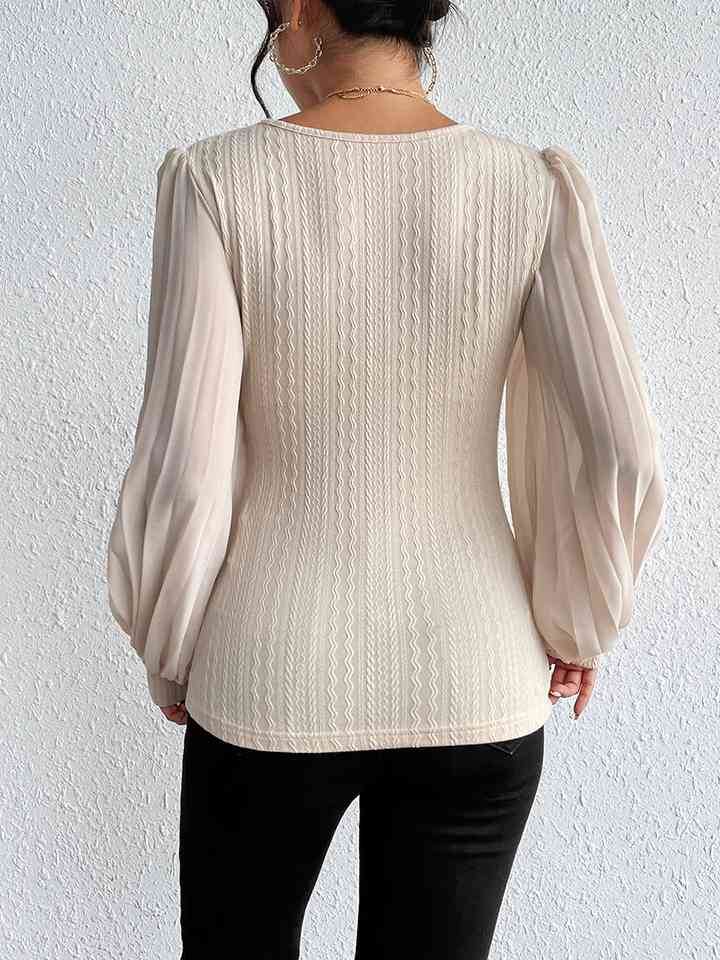 Pleated Puff Sleeve Round Neck Blouse | 1mrk.com