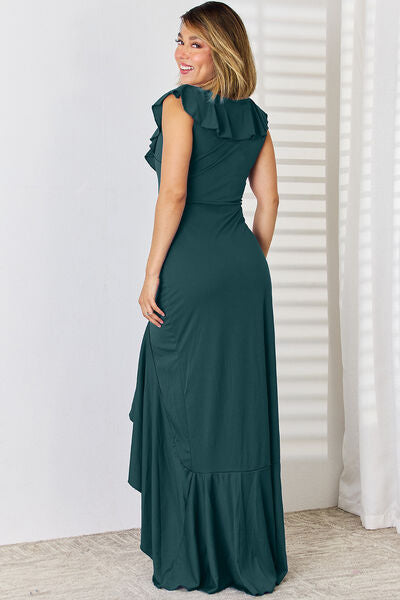 Ruffled V-Neck High-Low Dress |1mrk.com