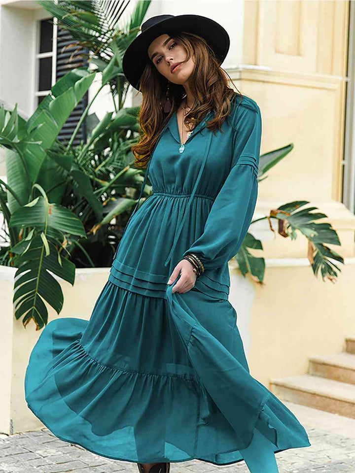 Tie Neck Long Sleeve Midi Tiered Dress | 1mrk.com