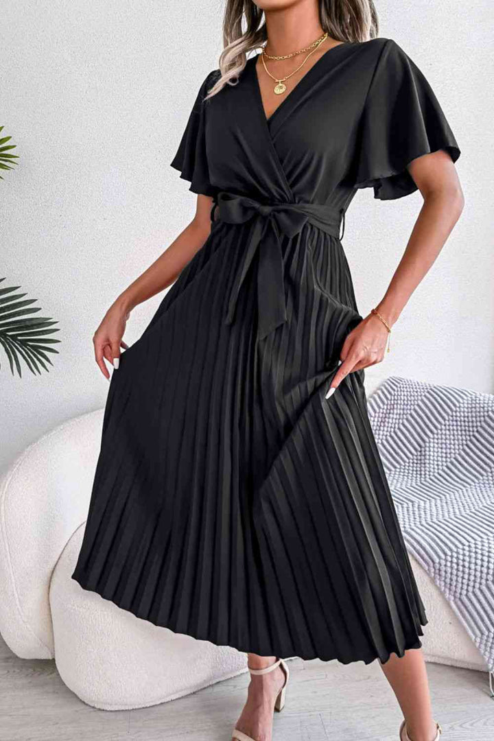 Pleated Flutter Sleeve Belted Dress | 1mrk.com