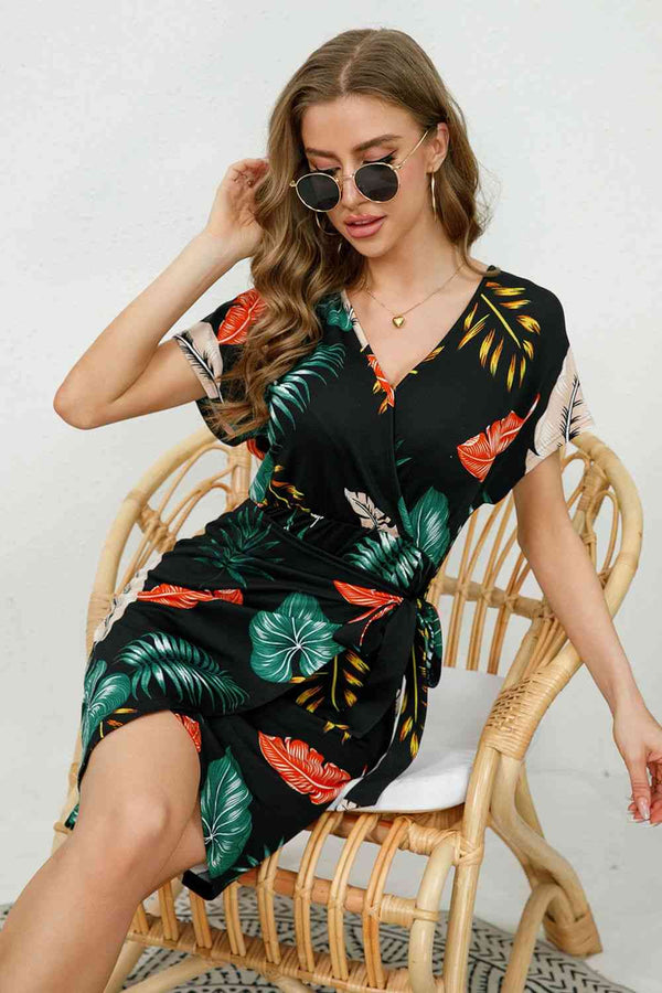 Printed Surplice Neck Short Sleeve Side Tie Mini Dress |1mrk.com