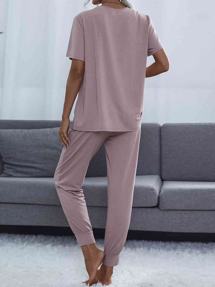 Round Neck Short Sleeve Top and Pants Set | 1mrk.com