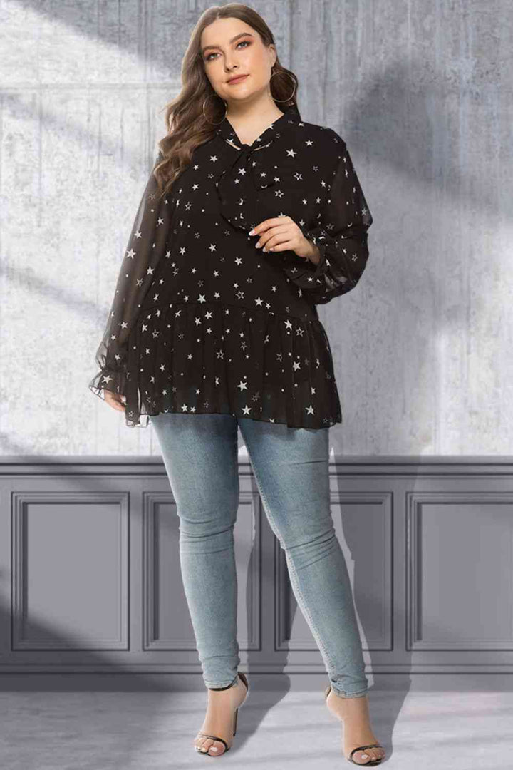 Plus Size Star Print Tie-Neck Peplum Blouse | 1mrk.com