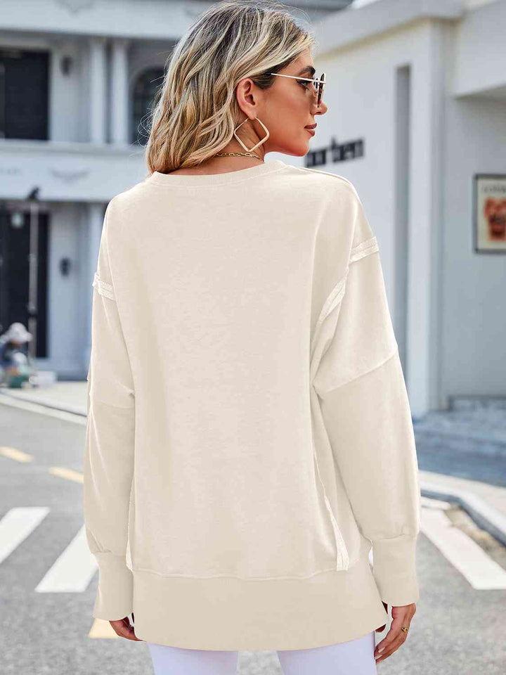 Exposed Seam High-Low Round Neck Sweatshirt |1mrk.com