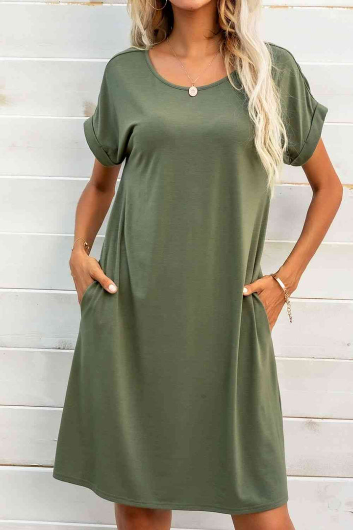 Scoop Neck Short Sleeve Pocket Dress |1mrk.com