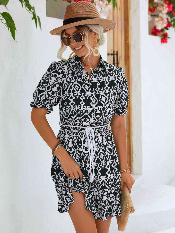 Printed Tie Waist Collared Flounce Sleeve Dress |1mrk.com