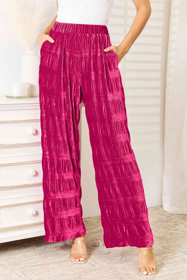Double Take Full Size High Waist Tiered Shirring Velvet Wide Leg Pants | 1mrk.com