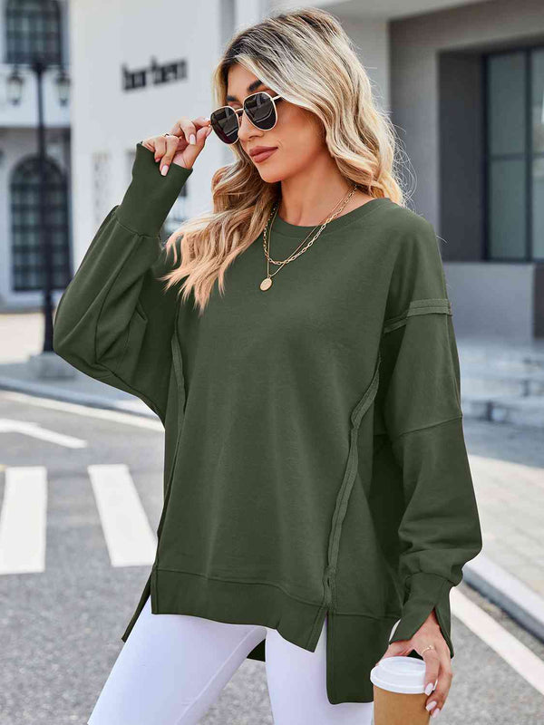 Exposed Seam High-Low Round Neck Sweatshirt |1mrk.com