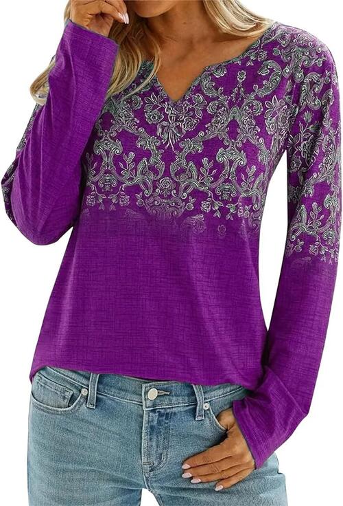 Printed Notched Long Sleeve T-Shirt | 1mrk.com