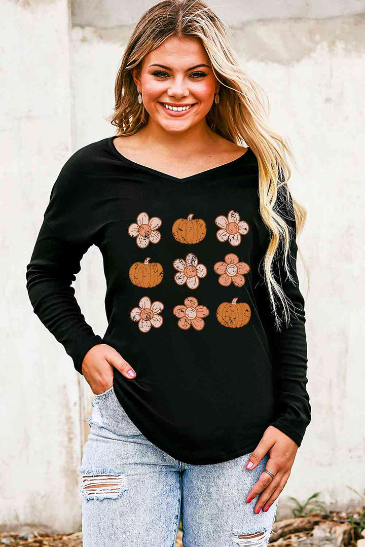 V-Neck Short Sleeve Pumpkin & Flower Graphic T-Shirt | 1mrk.com