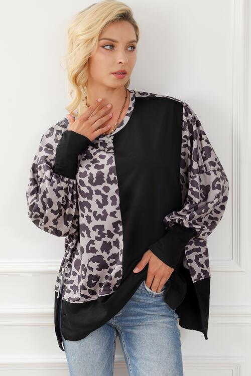 Leopard Round Neck Lantern Sleeve Slit Sweatshirt |1mrk.com