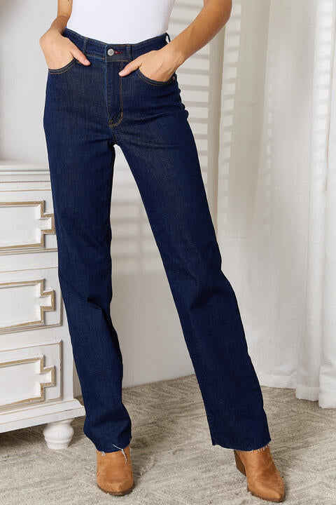 Judy Blue Full Size Raw Hem Straight Leg Jeans with Pockets |1mrk.com
