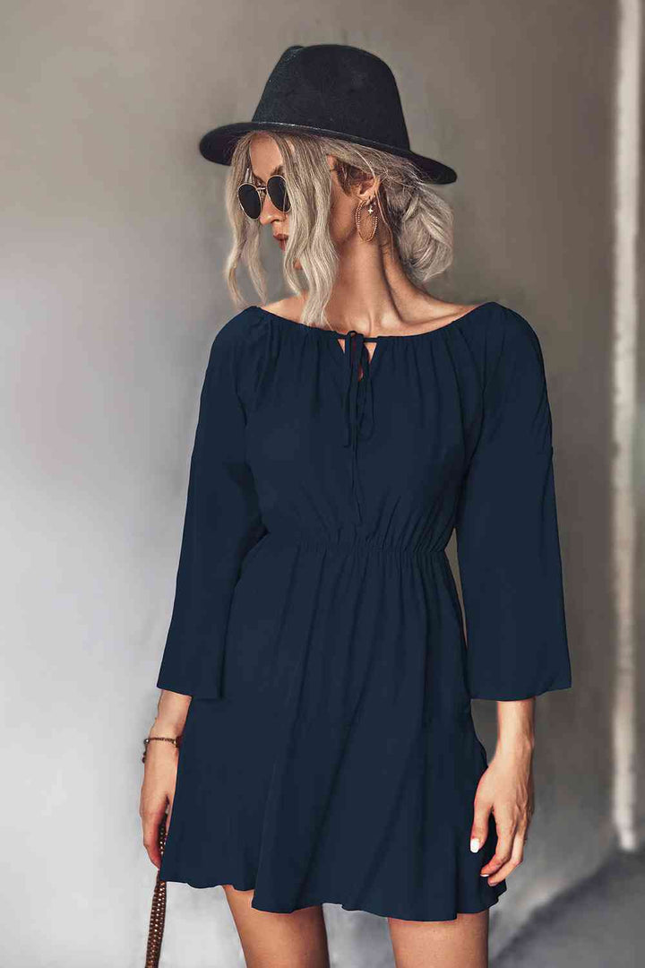 Tie Neck Flare Sleeve Mini Dress |1mrk.com