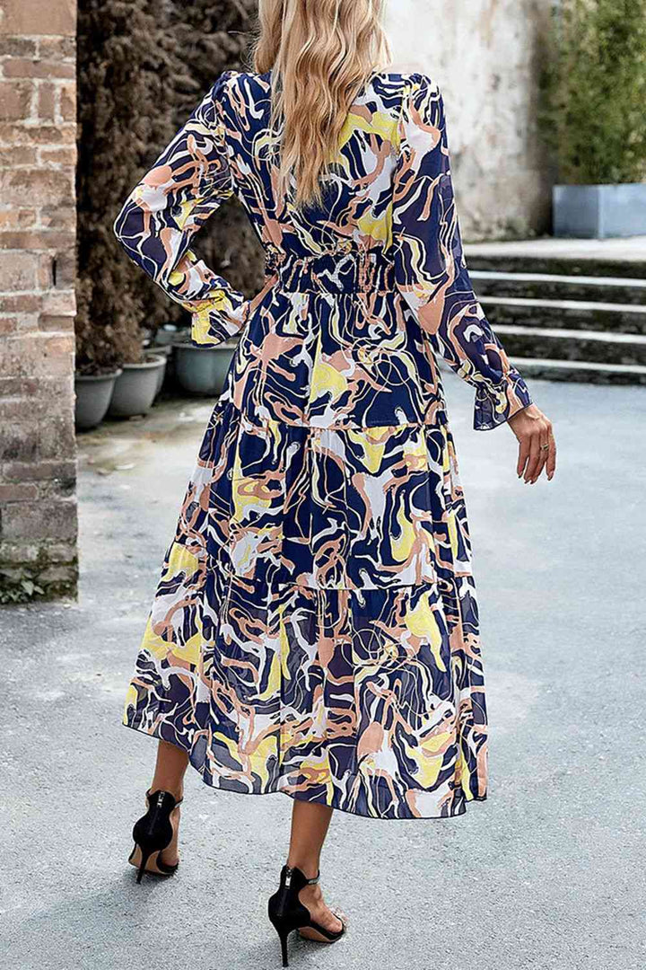 Printed Surplice Neck Flounce Sleeve Midi Dress |1mrk.com