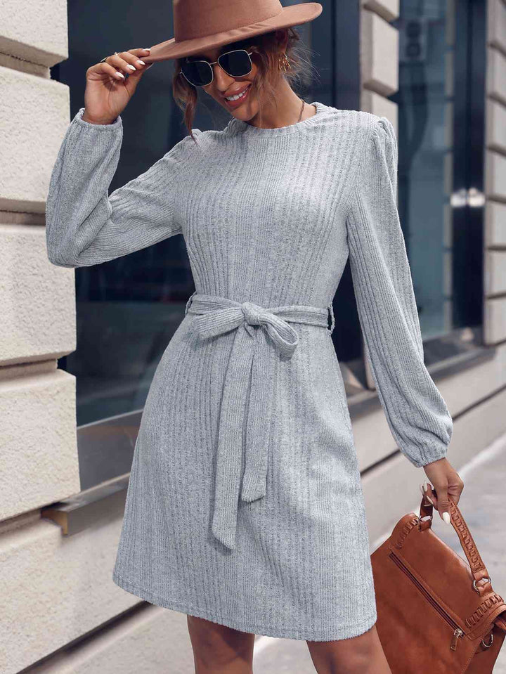 Tie Waist Puff Sleeve Round Neck Mini Dress |1mrk.com