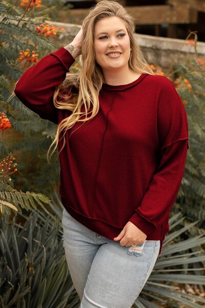 Plus Size Exposed Seam Waffle-Knit High-Low Sweatshirt |1mrk.com