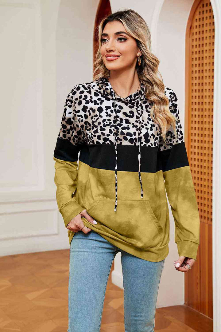 Leopard Drawstring Hoodie with Pocket |1mrk.com