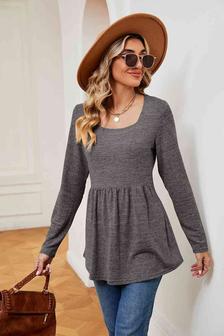 Square Neck Long Sleeve Peplum Top | 1mrk.com