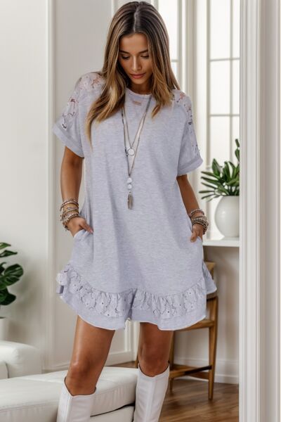 Lace Detail Round Neck Short Sleeve Dress |1mrk.com