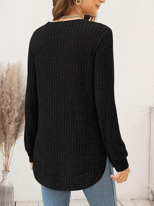 Ribbed Round Neck Long Sleeve T-Shirt | 1mrk.com