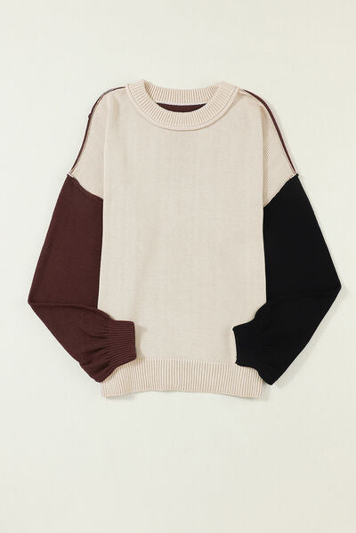 Contrast Round Neck Dropped Shoulder Sweater |1mrk.com