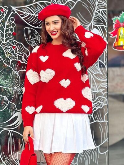 Heart Round Neck Dropped Shoulder Sweater |1mrk.com