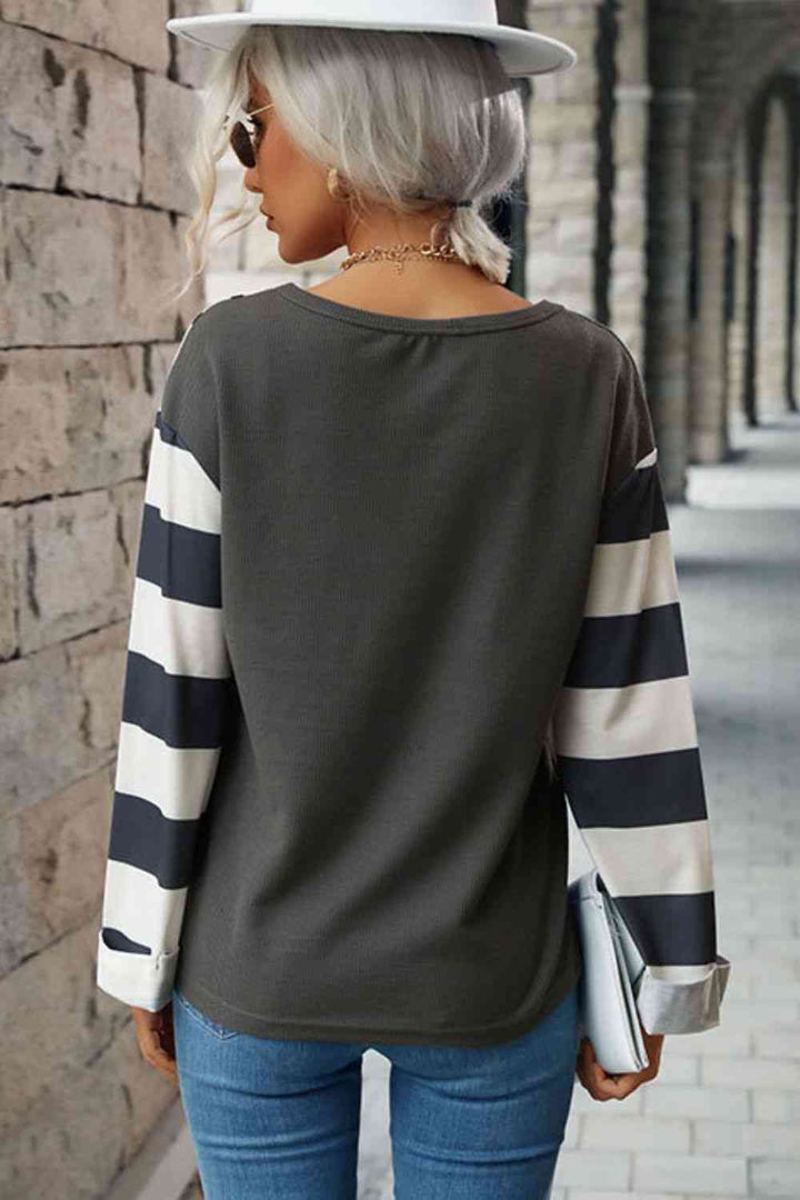 Leopard Striped Round Neck Long Sleeve Tee | 1mrk.com