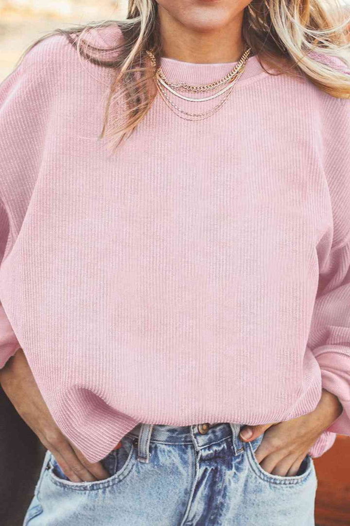 Ribbed Round Neck Drop Shoulder Sweatshirt |1mrk.com