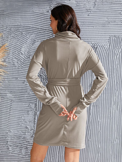 Tie-Waist Turtleneck Long Sleeve Dress |1mrk.com