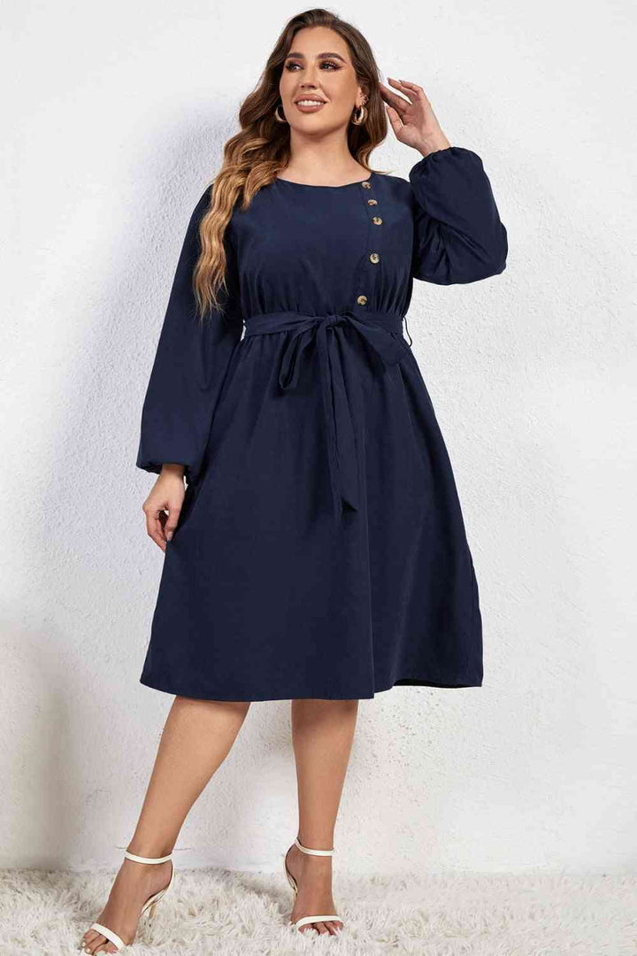 Melo Apparel Plus Size Buttoned Tie Belt Round Neck Long Sleeve Dress |1mrk.com